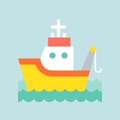 Fishing Tug boat in sea waves icon, flat design