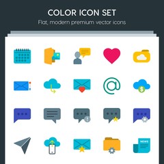 Modern Simple Set of cloud and networking, chat and messenger, folder, email Vector flat Icons. Contains such Icons as  smartphone,  email and more on dark background. Fully Editable. Pixel Perfect