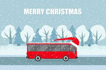 Vector Christmas  bus on the background of a snow  forest
