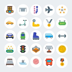 Modern Simple Set of transports, hotel, sports Vector flat Icons. Contains such Icons as  airplane,  architecture,  transmission and more on white cricle background. Fully Editable. Pixel Perfect.