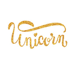 Vector hand drawn typography poster with golden sparkle unicorn lettering. Funny vector illustration for web, mobile, logo, card, t-shirt, print, label, decor elements, ad