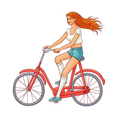Pretty young redhead woman in denim shorts, summer clothing riding red vintage bicycle smiling. Beautiful female character, girl cycling at vacation. Vector sketch illustration isolated