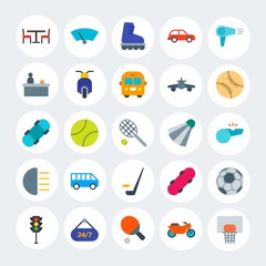 Modern Simple Set of transports, hotel, sports Vector flat Icons. Contains such Icons as skateboard,  game,  ball,  equipment,  24 and more on white cricle background. Fully Editable. Pixel Perfect.