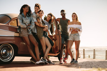 Diverse group of friends on a summer road trip