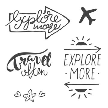 Vector typography set of motivational hand drawn travel quotes: travel often, explore more. Hand written lettering symbols with vacation design silhouettes for photo, card, t-shirt, print, label, logo