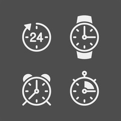 Clock flat vector icons set. Stopwatch, alarm, wrist watch flat vector icons set