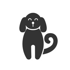 Black isolated icon of dog on white background. Silhouette of dog, front view.
