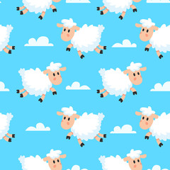 Happy sleeping sheeps fabric background. Dreamy woolly lamb or sheep cartoon seamless illustration