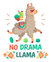Motivation lettering with No drama llama. Chilling alpaca or lama cartoon kids illustration © Tartila