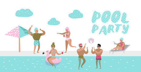 Pool Party Poster, Banner. Characters People Swimming, Relaxing, Have Fun in the Pool. Summertime Holidays at Beach Resort. Vector illustration