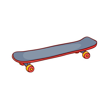 Skate board sketch icon. Vintage retro urban, street transport, extreme sport equipment. Skateboarding board with red wheels. Vector isolated illustration.