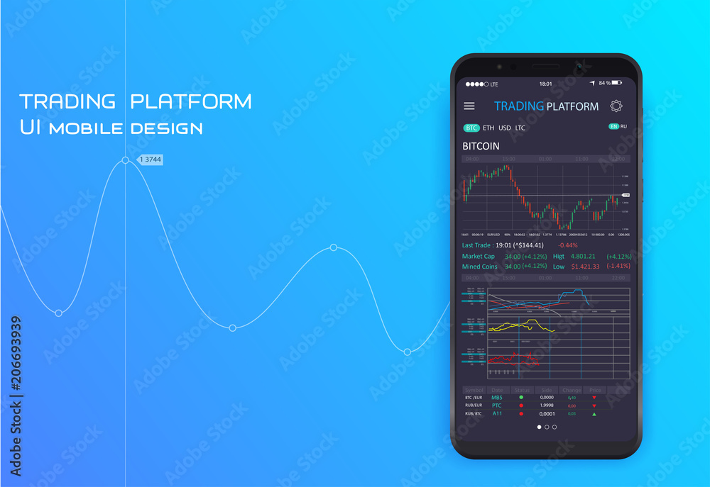 Leinwandbilder mobile stock trading concept. ui ux design app cryptocurrency wallet. modern user interface screen t