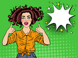 Pop Art Pretty Woman Posing with Thumb Up Sign. Joyful Girl Vintage Poster with Comic Speech Bubble. Pin Up Advertising Placard Banner. Vector illustration