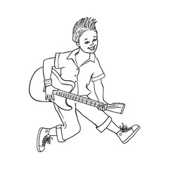 Young man playing electric guitar, Rock music, alternative punk style clothing jeans, mohawk haircut male character. Isolated sketch monochrome vector illustration
