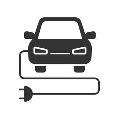 Black isolated icon of electric car on white background. Silhouette of electric car,