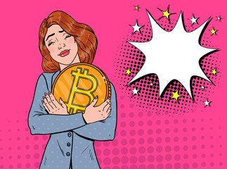 Pop Art Business Woman with Big Golden Bitcoin Coin. Crypto Currency Concept. Virtual Money Advertising Poster. Vector illustration