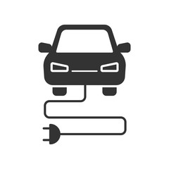 Black isolated icon of electric car on white background. Silhouette of electric car,