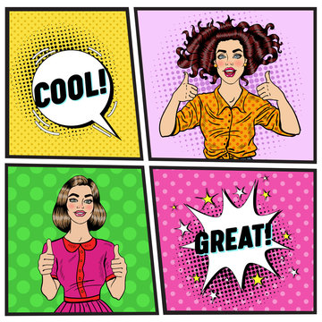 Pop Art Beautiful Woman Showing Thump Up. Joyful Teenager Girl. Vintage Poster with Comic Speech Bubble. Pin Up Advertising Placard Banner. Vector illustration