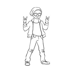 Young man raising hands up with rock sign gesture, Rock music, alternative punk style clothing black leather jacket, jeans male character in sunglasses. Isolated monochrome vector sketch illustration