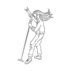 Young woman singing at microphone in jeansware. Rock music, culture, heavy metal, punk rock style clothing, haircut female character. Isolated vector sketch monochrome illustration