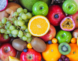 Colorful fresh fruits and vegetables background, healthy eating concept.