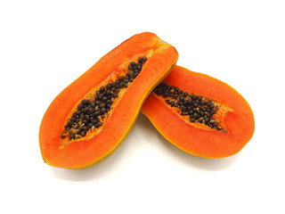 Fresh sliced half papaya isolated on white background.