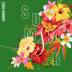 Hello Summer Tropic Design. Tropical Hibiskus Flowers Background for Poster, Sale Banner, Placard, Flyer. Floral Vintage Composition. Vector illustration