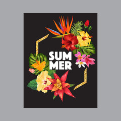 Hello Summer Tropic Design with Golden Frame. Tropical Hibiskus Flowers Background for Poster, Sale Banner, Placard, Flyer. Floral Vintage Composition. Vector illustration