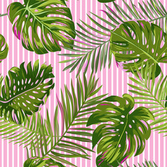 Tropical Palm Leaves Seamless Pattern. Watercolor Floral Background. Exotic Botanical Design for Fabric, Textile, Wallpaper, Wrapping Paper. Vector illustration