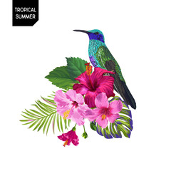 Summer Tropical Design with Hummingbird and Exotic Flowers. Floral Background with Tropic Bird, Hibiskus and Palm Leaves. Vector illustration © wooster