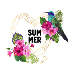Summer Tropical Design with Hummingbird and Exotic Flowers. Floral Background with Golden Frame, Tropic Bird, Hibiskus and Palm Leaves. Vector illustration © wooster