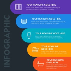 Flat furniture, housekeeping, beauty and cosmetics infographic steps template with 5 options for presentations, advertising, annual reports.