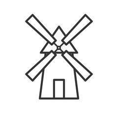 Black isolated outline icon of mill on white background. Line Icon of windmill.