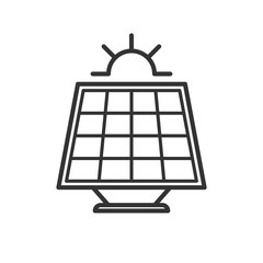Black isolated outline icon of solar panel with sun on white background. Line Icon of solar battery.