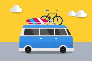 Blue Car Retro With Surfboard and Bike Summer, Van Car Travel. Vector Illustration Flat Design Background