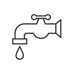 Black isolated outline icon of water tap with drop on white background. Line Icon of tap.