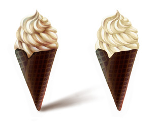 Hand drawn digital illustration of two horns of ice cream isolated on a white background. Summer food