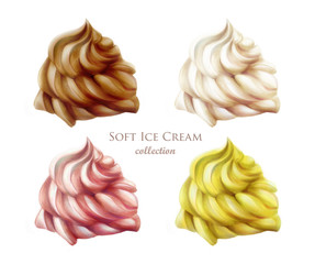 Strawberry, vanilla, chocolate taste. Blue, pink, brown, white - different flavor and colors ice cream scoops, digital hand drawn side view isolated on white background. Summer dessert, ice cream set.