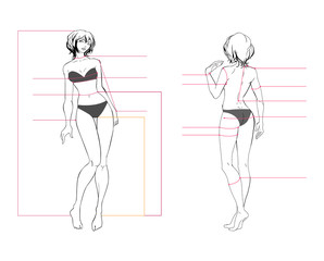 Woman body measurement chart. Scheme for measurement human body for sewing clothes. Female figure: front view, back view. Template for dieting, fitness. The vector drawing without background.