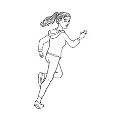 Young sportive girl in athletic clothing, running looking back. Beautiful female character, redhead woman runaway with afraid face. Isolated monochrome vector illustration in sketch style
