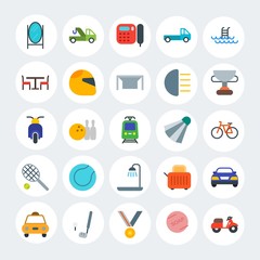Modern Simple Set of transports, hotel, sports Vector flat Icons. Contains such Icons as  sedan, motorbike, stationery,  breakfast and more on white cricle background. Fully Editable. Pixel Perfect.