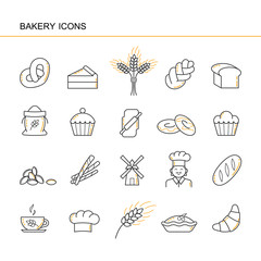 Isolated black outline collection icons of croissant, bread, cake, ear wheat, chef, mill, cup, cupcake, pretzel, sack flour, challah, sheaf, cap cook, rolling pin, doughnut. Set of line bakery icon.