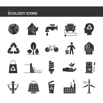 Isolated black collection icons of electric car, solar panel, bin, wind hydroelectric tidal power station, bio fluel, eco house, recycling, factory, forest, bicycle. Set of silhouette of ecology icon.