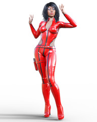 3D beautiful tall woman leather red bodysuit.Latex tight fitting suit.Gun in holster.Girl studio photography.High heel.Conceptual fashion art.Seductive candid pose.Realistic render illustration. 
