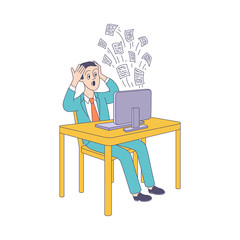 Puzzled young man sitting at table holding head behind desktop computer with messages flying out. Modern digital technology people information overload concept. Vector sketch illustration