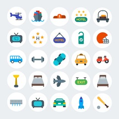 Modern Simple Set of transports, hotel, sports Vector flat Icons. Contains such Icons as  air,  technology,  sky,  comfortable,  sea and more on white cricle background. Fully Editable. Pixel Perfect.