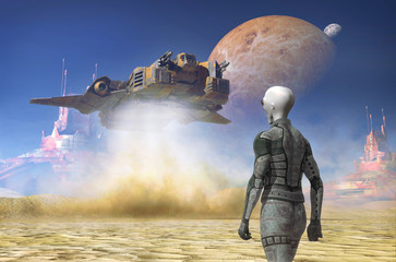 spaceship land on an alien desert planet © Luca Oleastri