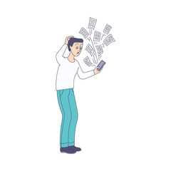 Puzzled young man in casual clothing holding smartphone with various messages flying out of gadget. Modern digital technology, people and information overload concept. Vector sketch illustration