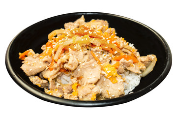 Japanese food, Rice with Grilled Pork Sauce (Donburi) on white background.Copy space.Clipping path