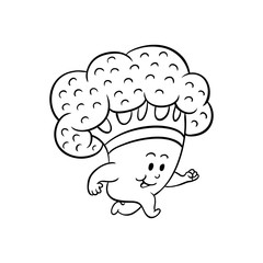 Cheerful broccoli character running, jogging workout. Funny vegetable cute healthy organic food full of vitamins. Cartoon smiling hand drawn plant with arms, legs. Vector monochrome illustration